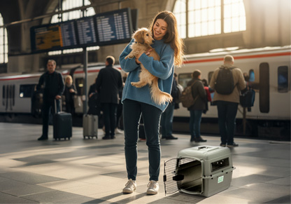 A woman holds a dog in a train station with a crate at her feet. 