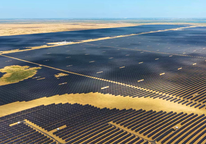 Aerial shot of a large solar farm.