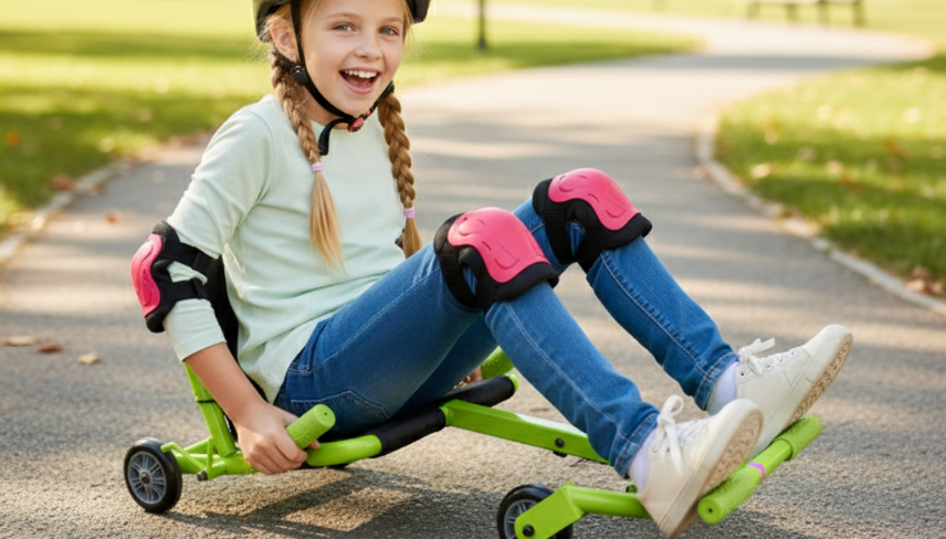 A child riding a wave roller, looking happy