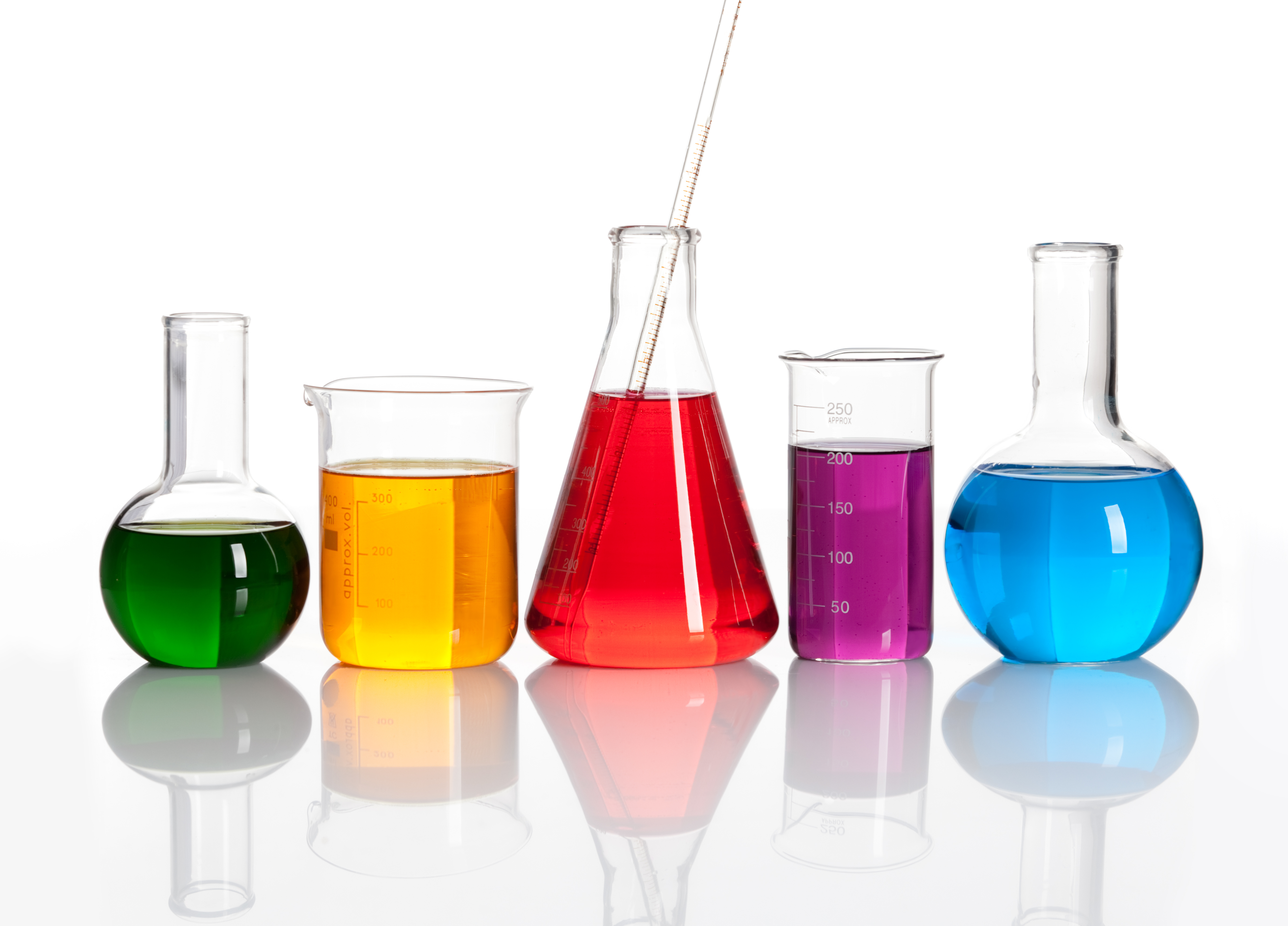 Chemical flask with a blue laboratory test tubes inside, isolated