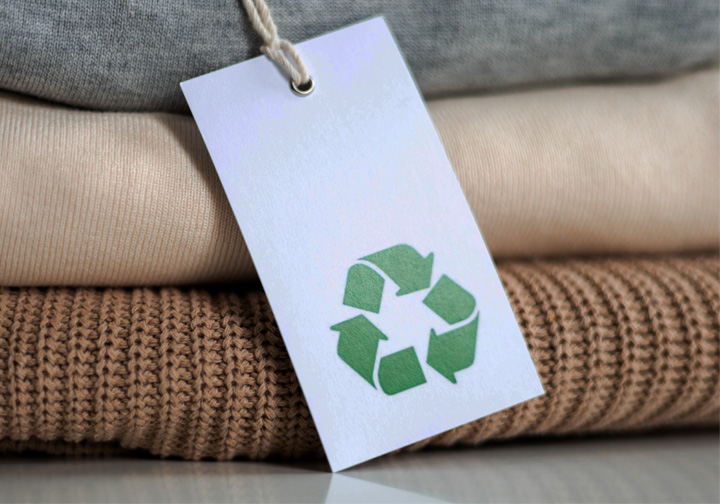 Three folded jumpers with a recyclable tag on them