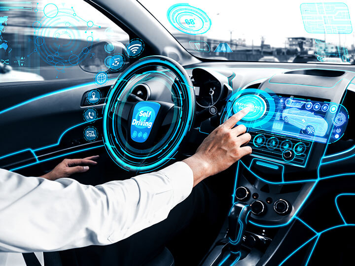 Concept of machine learning, artificial intelligence in Self-driving autonomous car on busy road in the city