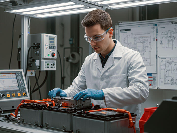 A male technician in a white lab coat and safety goggles analyzing a battery system in a tech-equipped laboratory