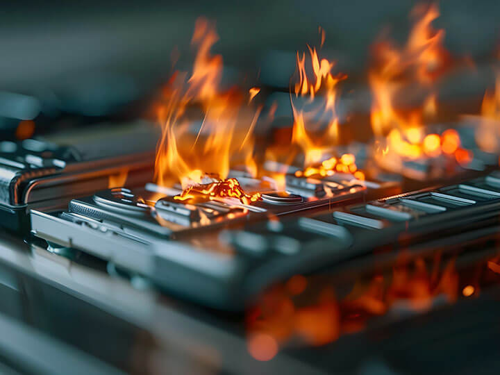 Lithium battery on fire in electric car due to damage by overcharging. Generated with AI