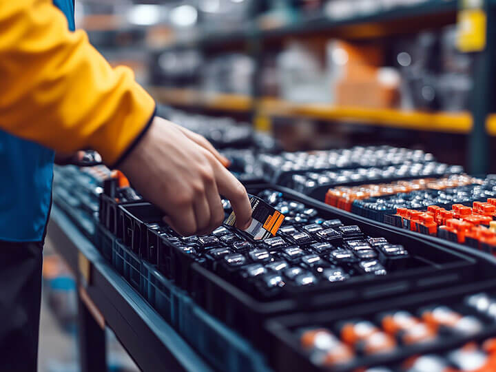 Close-up view of worker organizing different types of batteries into labeled containers