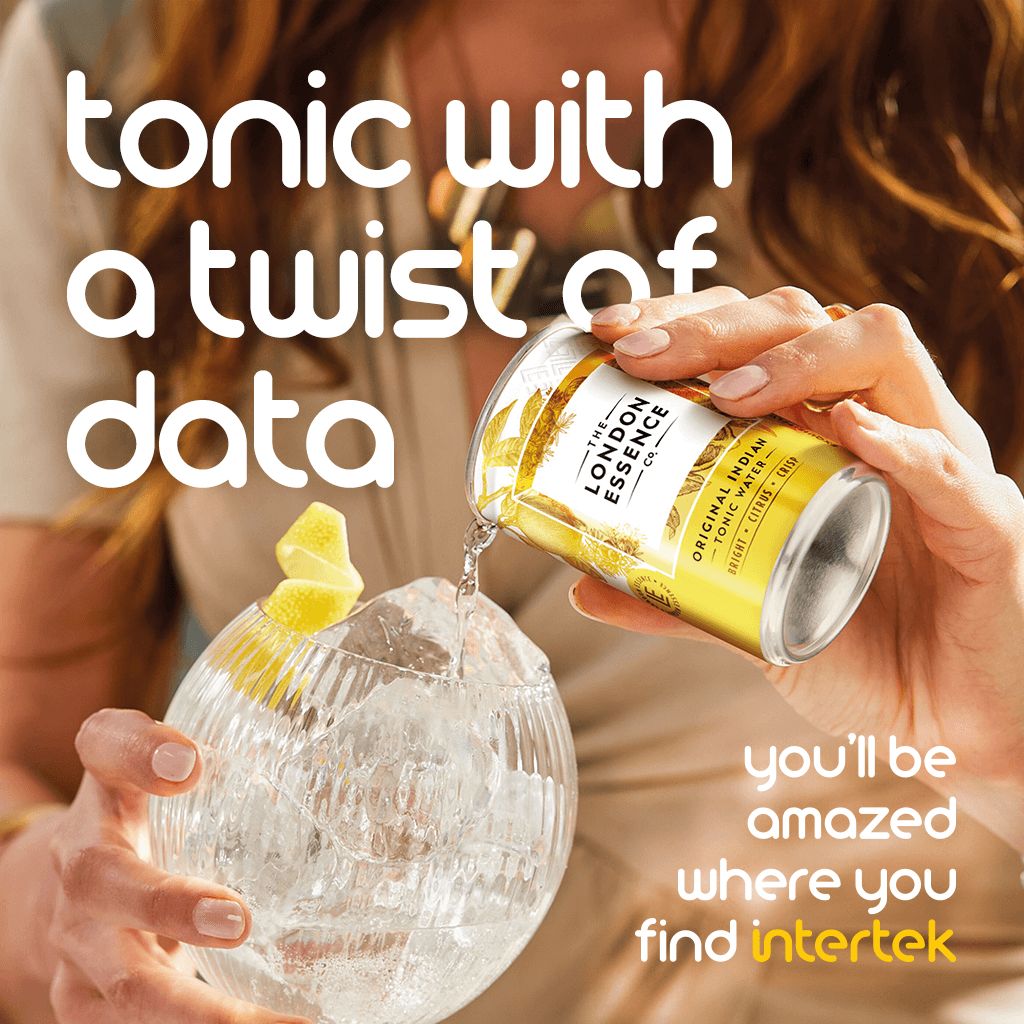 Woman pouring tonic water into a glass with text overlay about data and Intertek.