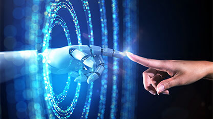 Abstract image of a woman's hand accessing the digital world from the real world