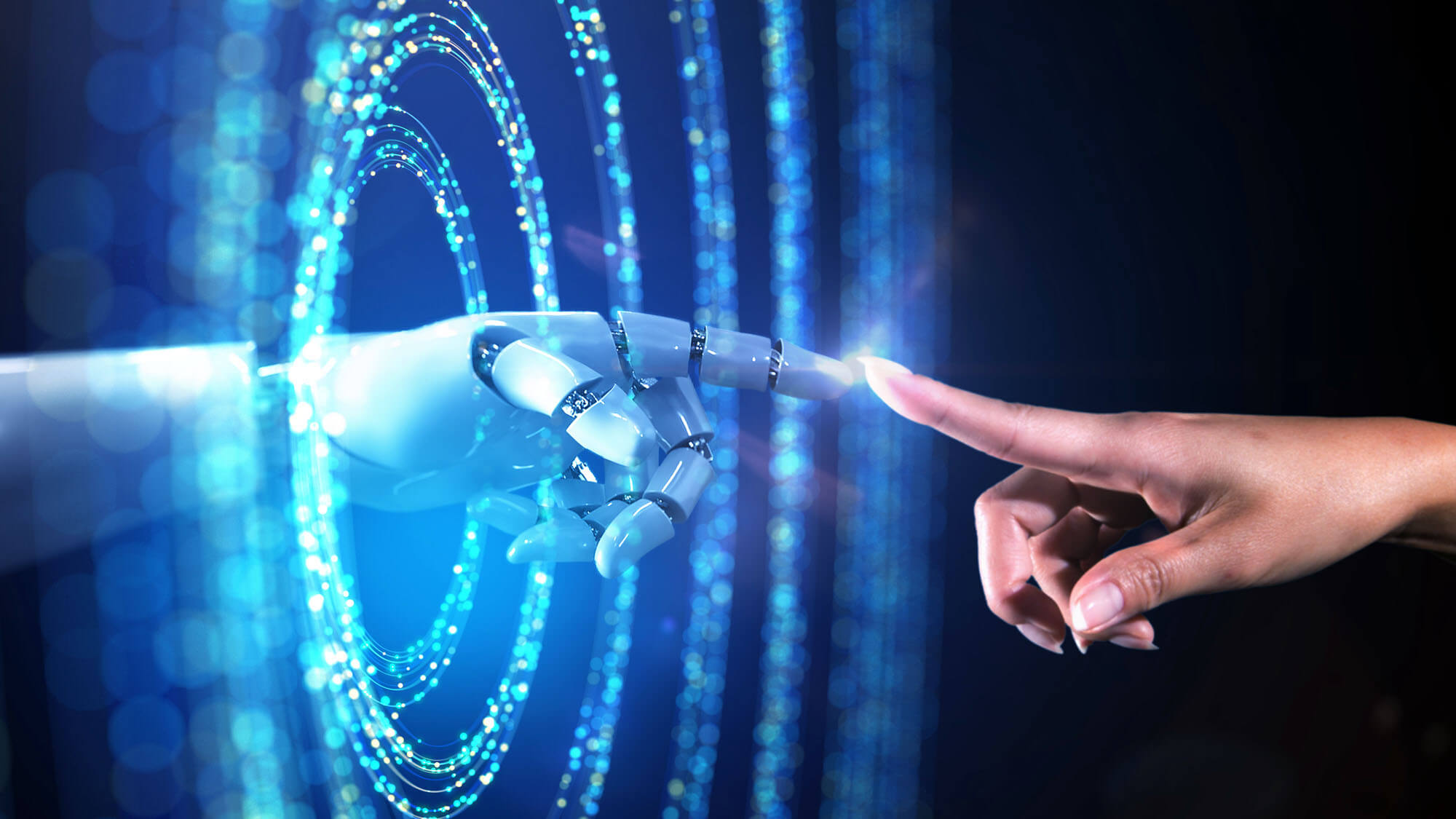 Abstract image of a woman's hand accessing the digital world from the real world