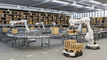 Distribution Warehouse With Automated Guided Vehicles And Robots Working On Conveyor Belt