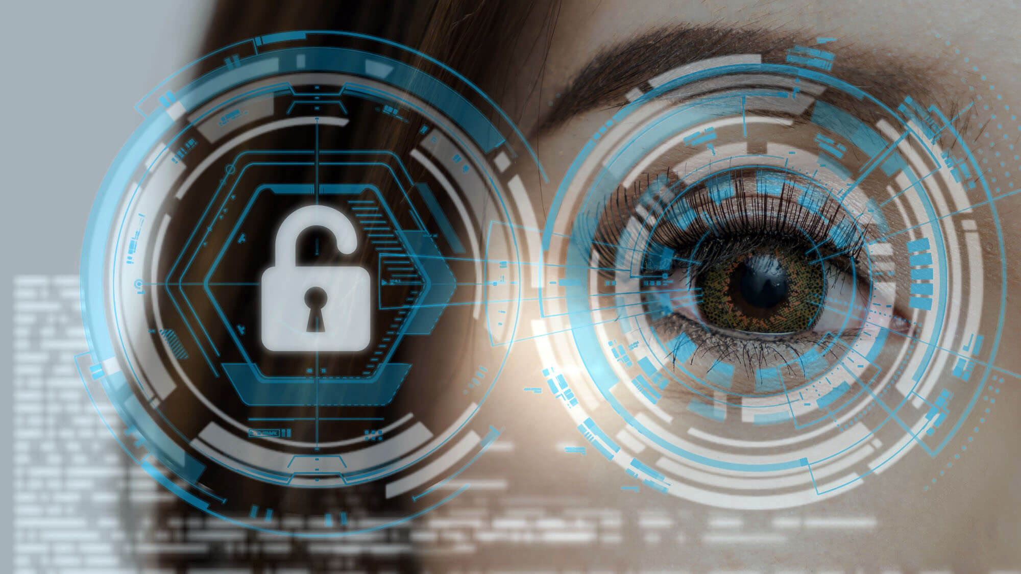 Closeup women eye being futuristic vision for biometric authentication to unlock security, digital technology screen over the eye vision background, security and command in the accesses. Surveillance and safety concept